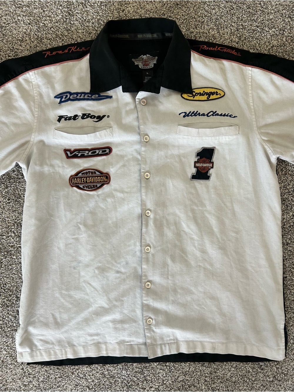 Harley-Davidson | Men’s Large Short Sleeve White Black Collar Button Up Patches